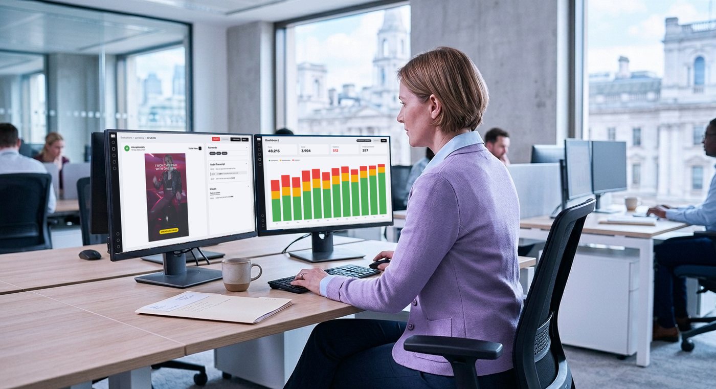 A regulator at two monitors reviewing gambling ads in Influencer Monitor, next to a dashboard of rated posts and violations